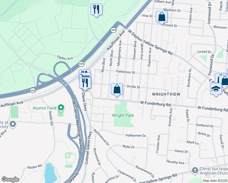 map of restaurants, bars, coffee shops, grocery stores, and more near 1873 Montgomery Avenue in Fairborn