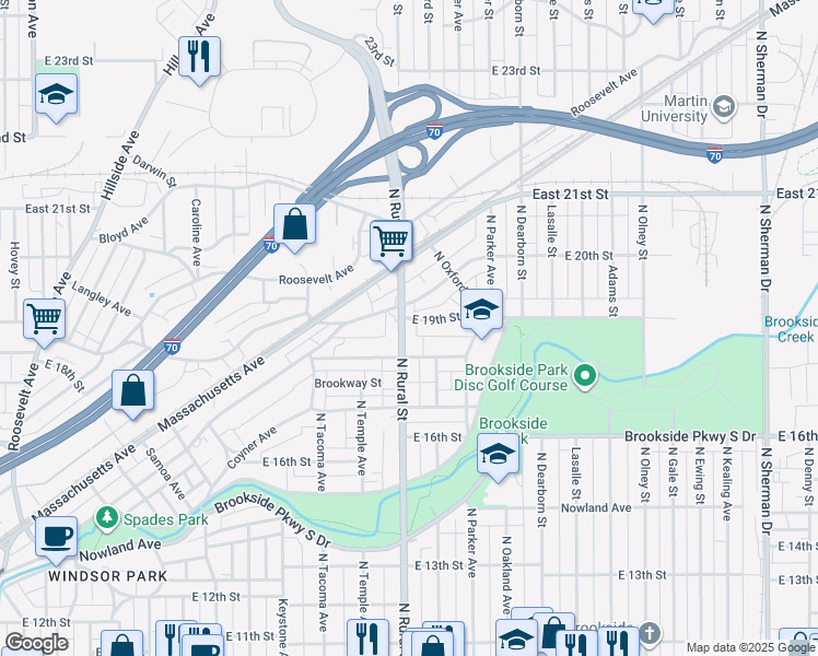 map of restaurants, bars, coffee shops, grocery stores, and more near 1833 North Rural Street in Indianapolis