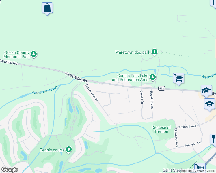 map of restaurants, bars, coffee shops, grocery stores, and more near 221 Wells Mills Road in Ocean Township