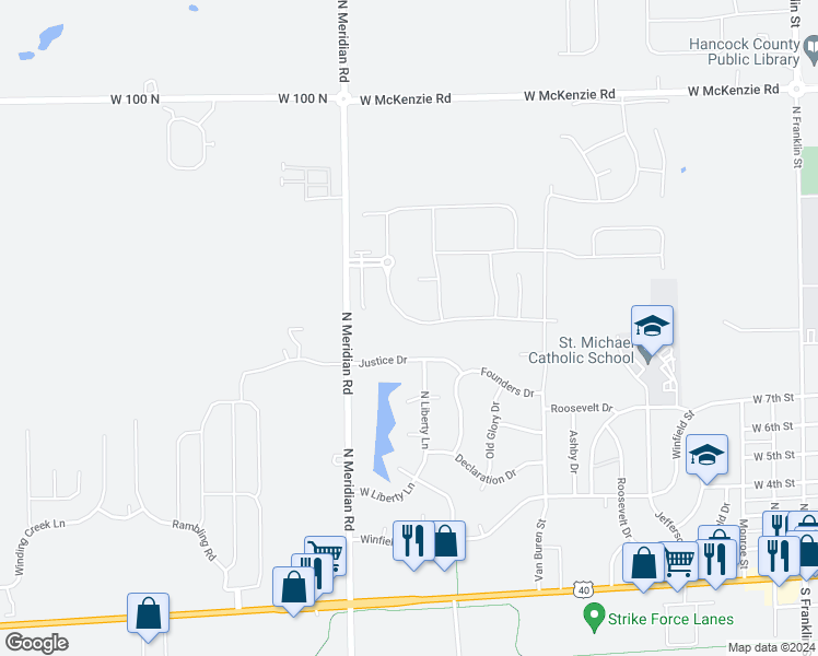 map of restaurants, bars, coffee shops, grocery stores, and more near 2063 Meridian Springs Lane in Greenfield
