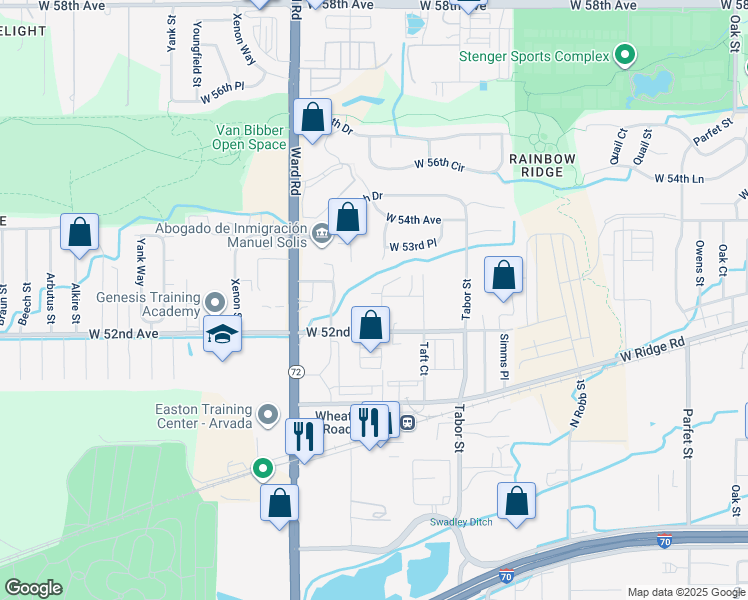 map of restaurants, bars, coffee shops, grocery stores, and more near 5243 Union Court in Arvada