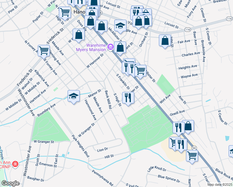 map of restaurants, bars, coffee shops, grocery stores, and more near 444 South High Street in Hanover