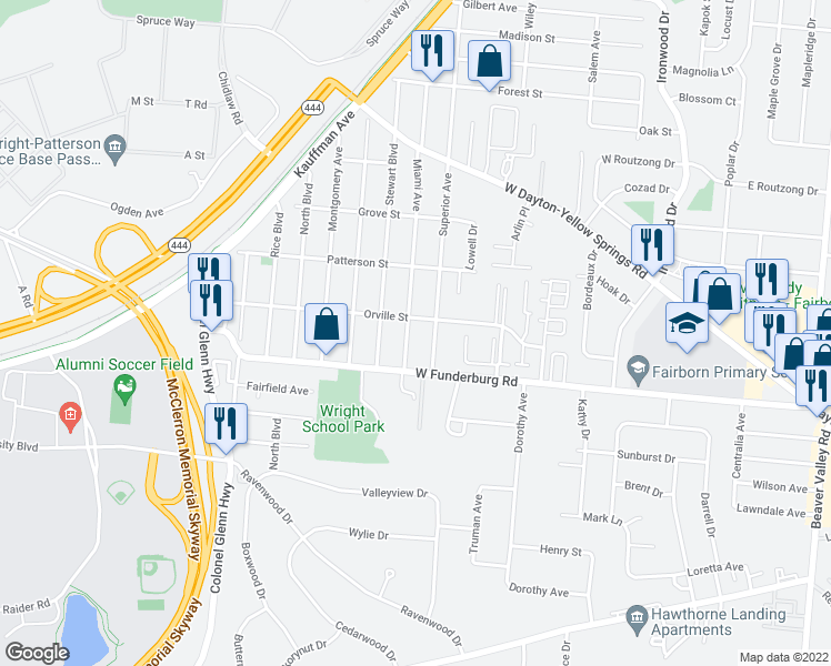 map of restaurants, bars, coffee shops, grocery stores, and more near 1862 Miami Avenue in Fairborn