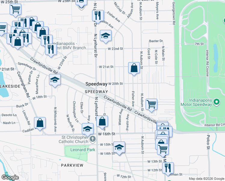 map of restaurants, bars, coffee shops, grocery stores, and more near 1912 Allison Ave in Speedway
