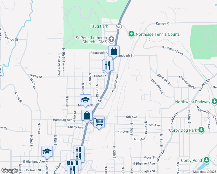 map of restaurants, bars, coffee shops, grocery stores, and more near 3101 U.S. 59 in Saint Joseph