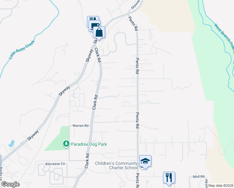map of restaurants, bars, coffee shops, grocery stores, and more near 1657 Wee Dell Road in Paradise