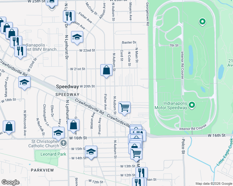 map of restaurants, bars, coffee shops, grocery stores, and more near 1925 North Auburn Street in Indianapolis