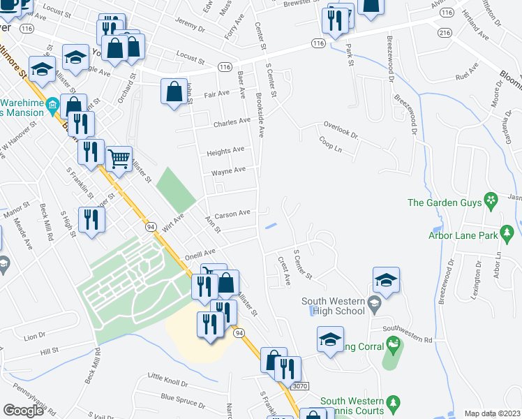 map of restaurants, bars, coffee shops, grocery stores, and more near 1254 Baer Avenue in Hanover