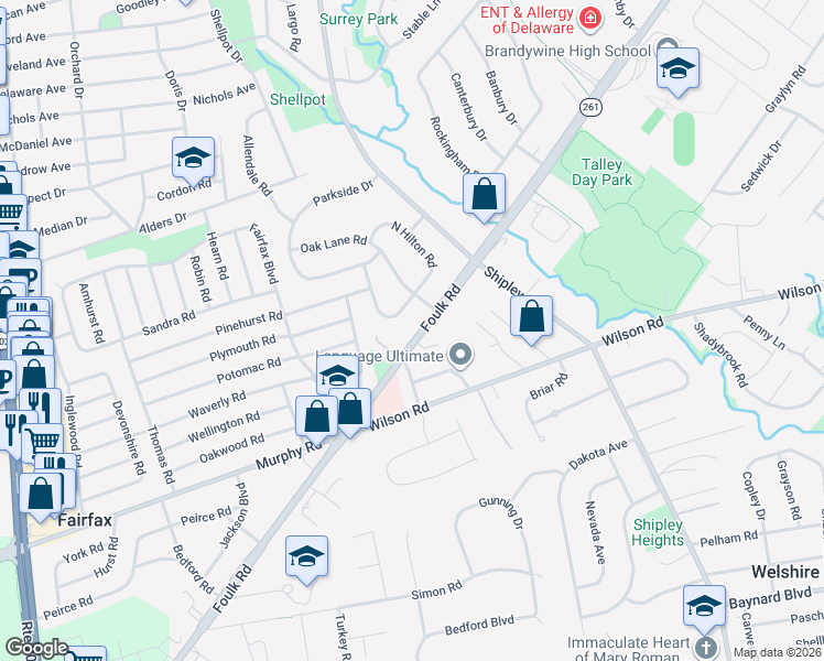 map of restaurants, bars, coffee shops, grocery stores, and more near 1011 Foulk Road in Wilmington