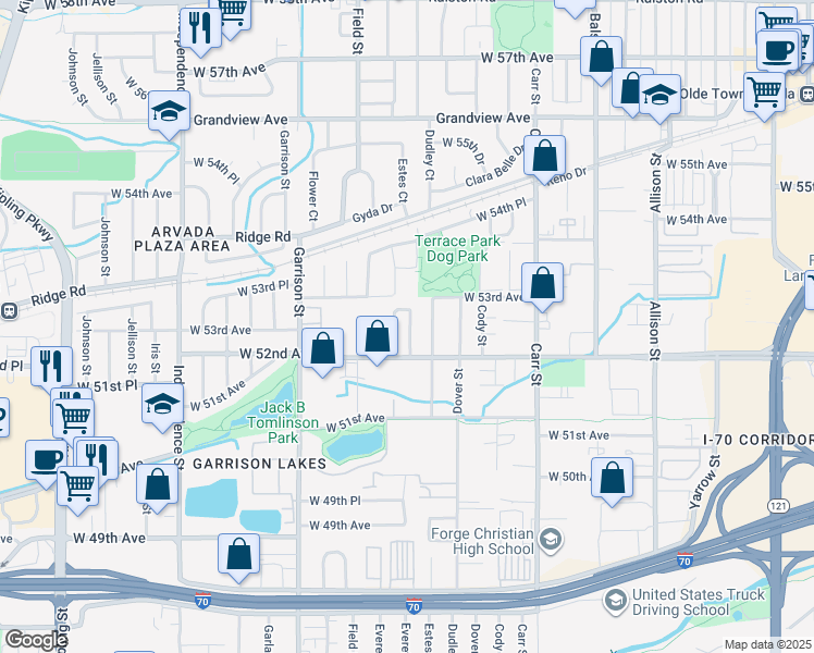 map of restaurants, bars, coffee shops, grocery stores, and more near 5221 Estes Circle in Arvada