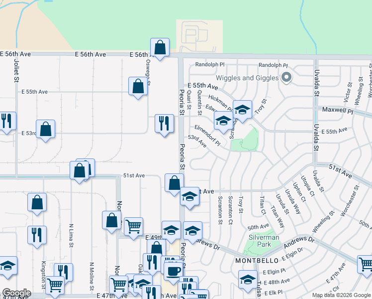 map of restaurants, bars, coffee shops, grocery stores, and more near 12200 East 52nd Place in Denver