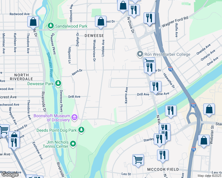 map of restaurants, bars, coffee shops, grocery stores, and more near 1902 Ontario Avenue in Dayton