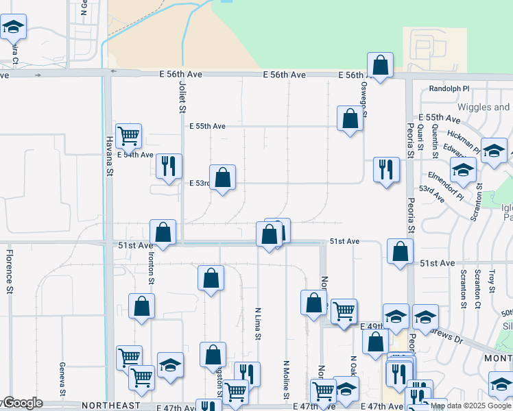 map of restaurants, bars, coffee shops, grocery stores, and more near 11400 East 53rd Avenue in Denver