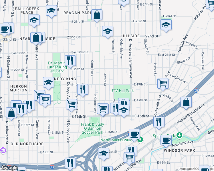 map of restaurants, bars, coffee shops, grocery stores, and more near 1831 Alvord Street in Indianapolis