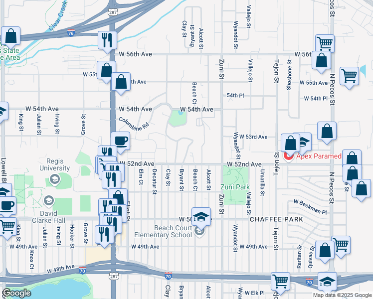 map of restaurants, bars, coffee shops, grocery stores, and more near 5277 Columbine Lane in Denver