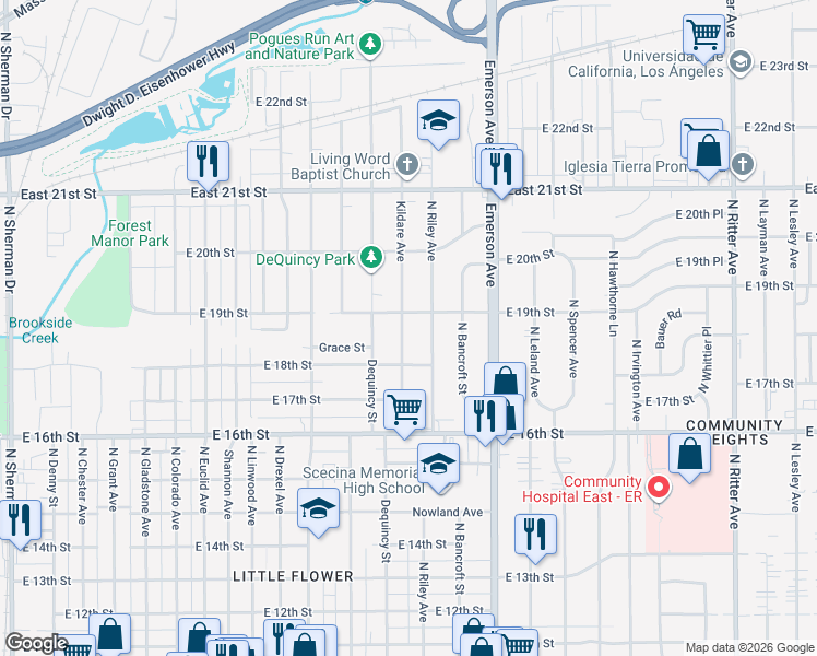 map of restaurants, bars, coffee shops, grocery stores, and more near 1835 Kildare Avenue in Indianapolis