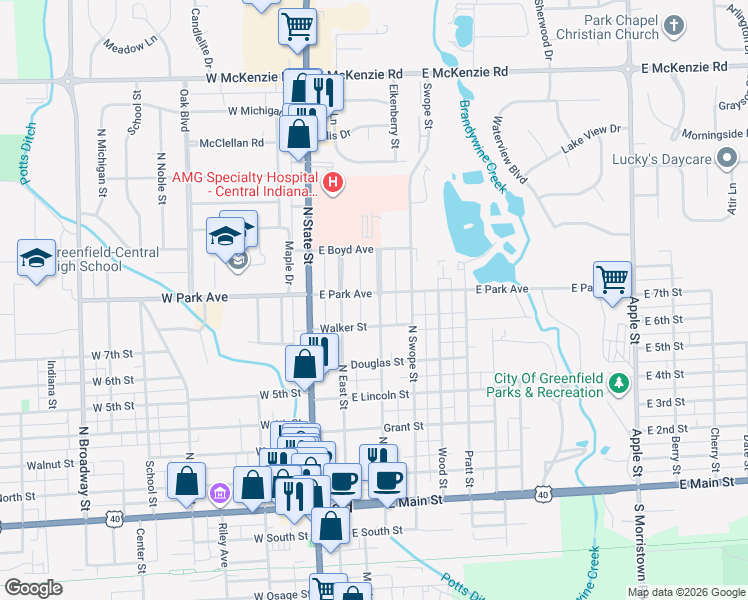 map of restaurants, bars, coffee shops, grocery stores, and more near 630 N Spring St in Greenfield