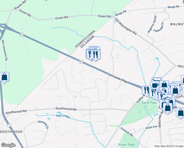 map of restaurants, bars, coffee shops, grocery stores, and more near 21 Wellington West Drive in Hockessin