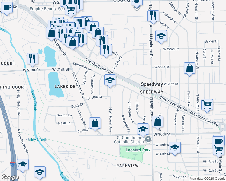 map of restaurants, bars, coffee shops, grocery stores, and more near 1849 North Whitcomb Avenue in Indianapolis