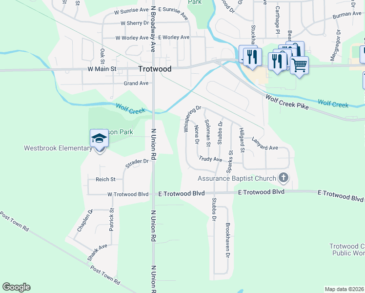map of restaurants, bars, coffee shops, grocery stores, and more near 29 Whispering Drive in Dayton