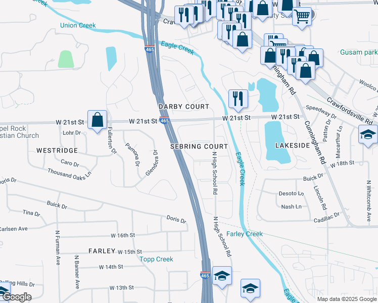 map of restaurants, bars, coffee shops, grocery stores, and more near 1919 Parsons Drive in Indianapolis