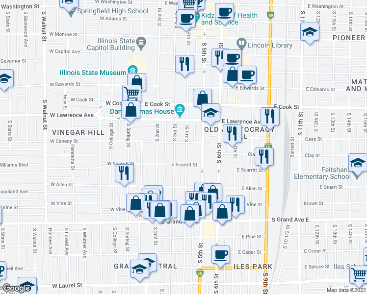 map of restaurants, bars, coffee shops, grocery stores, and more near 907 South 4th Street in Springfield