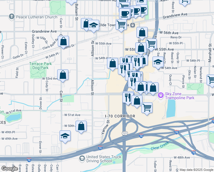 map of restaurants, bars, coffee shops, grocery stores, and more near 7781 West 52nd Avenue in Arvada