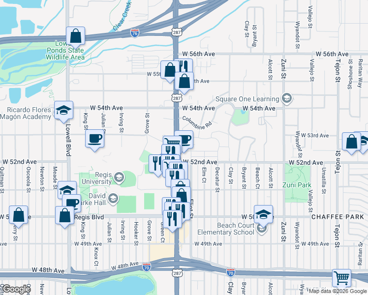 map of restaurants, bars, coffee shops, grocery stores, and more near 2889 West Parkside Place in Denver