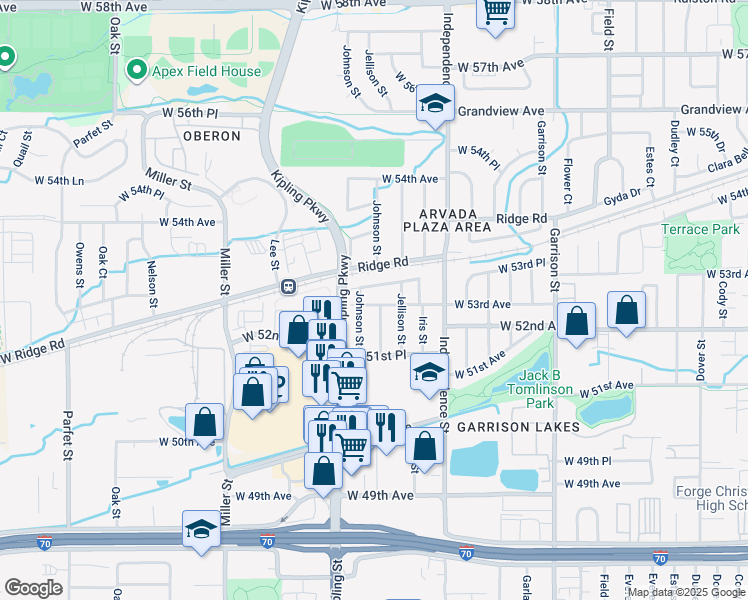 map of restaurants, bars, coffee shops, grocery stores, and more near 9831 West 53rd Avenue in Arvada
