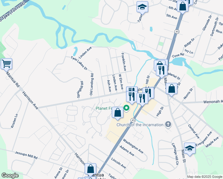 map of restaurants, bars, coffee shops, grocery stores, and more near 181 Ash Avenue in Gloucester County