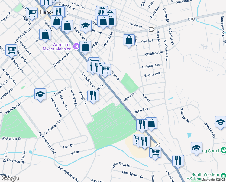 map of restaurants, bars, coffee shops, grocery stores, and more near 574 Baltimore Street in Hanover
