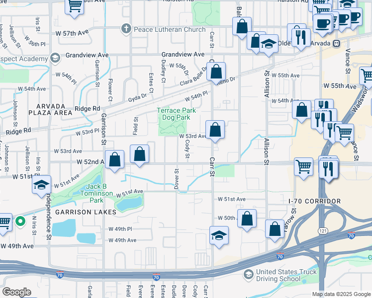 map of restaurants, bars, coffee shops, grocery stores, and more near 5251 Cody Street in Arvada