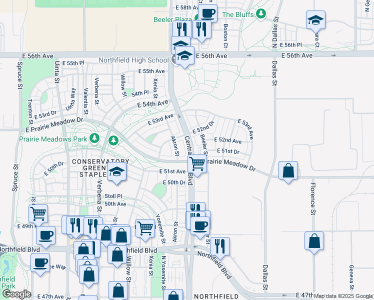 map of restaurants, bars, coffee shops, grocery stores, and more near 5175 Central Park Boulevard in Denver