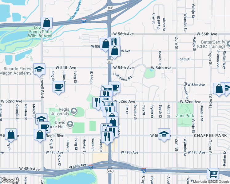 map of restaurants, bars, coffee shops, grocery stores, and more near 2889 West Parkside Place in Denver