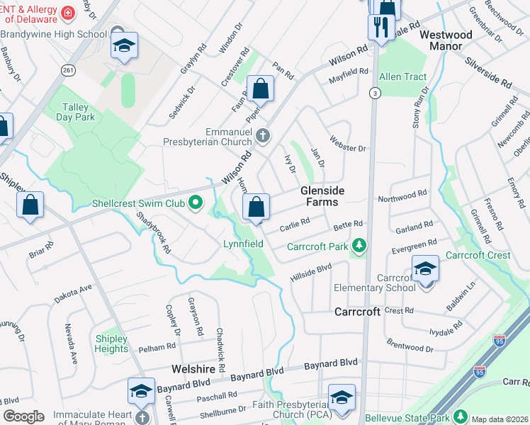 map of restaurants, bars, coffee shops, grocery stores, and more near 104 Ridgeland Road in Wilmington