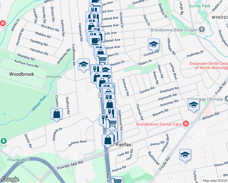map of restaurants, bars, coffee shops, grocery stores, and more near 7 Fairfax Boulevard in Wilmington