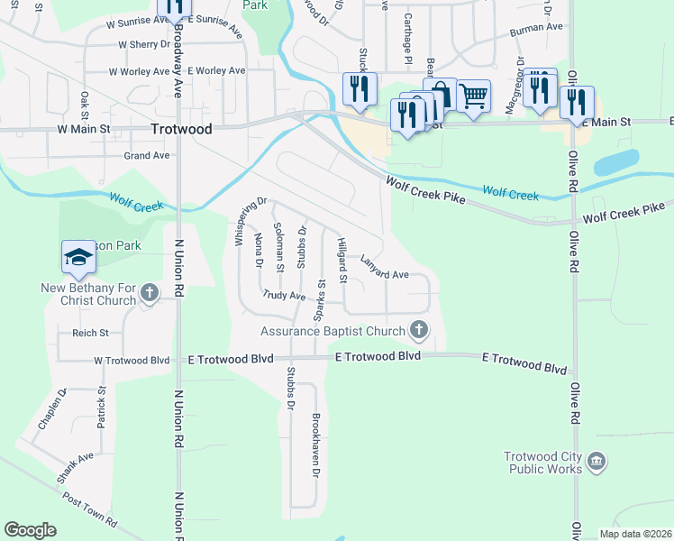 map of restaurants, bars, coffee shops, grocery stores, and more near 34 Sparks Street in Dayton