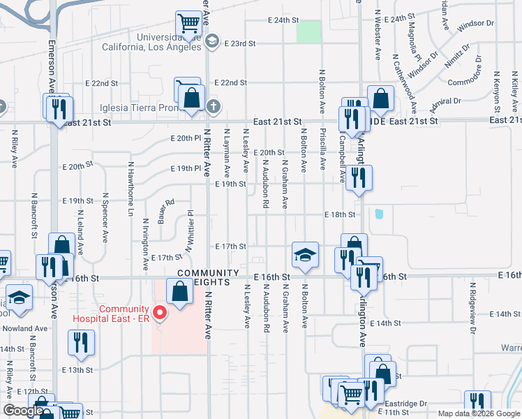 map of restaurants, bars, coffee shops, grocery stores, and more near 1801 North Audubon Road in Indianapolis