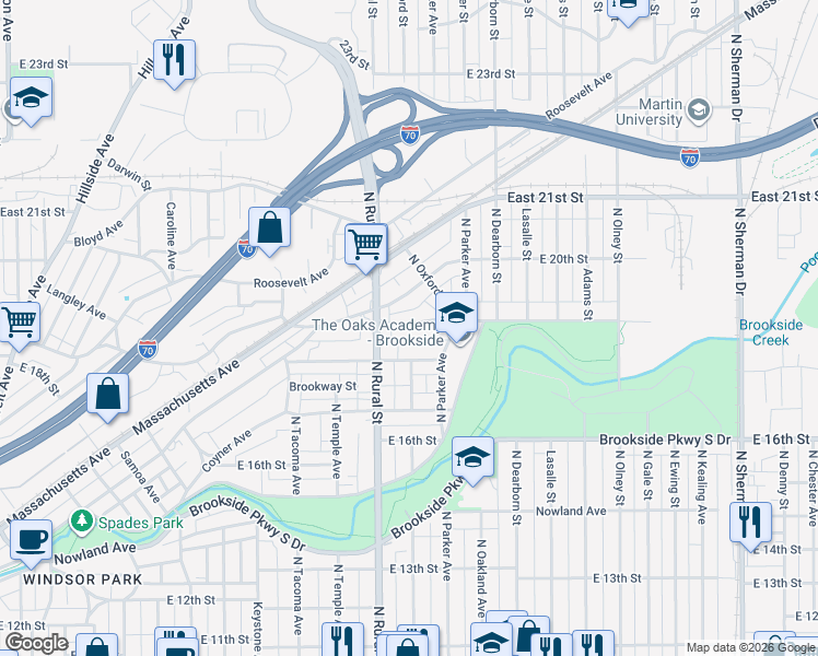 map of restaurants, bars, coffee shops, grocery stores, and more near 2911 East 19th Street in Indianapolis