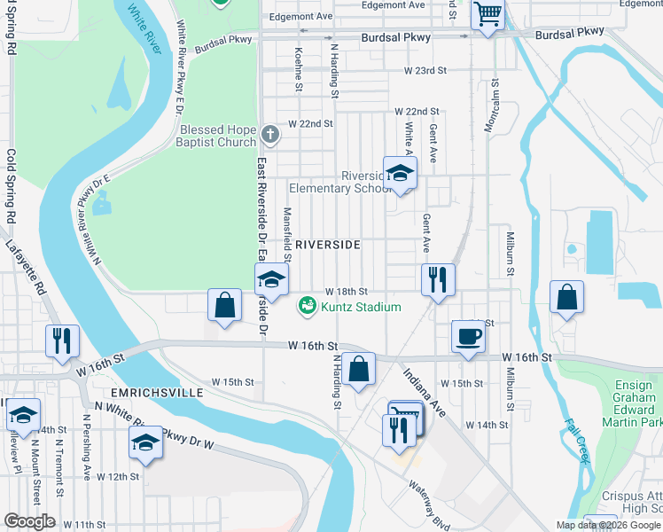 map of restaurants, bars, coffee shops, grocery stores, and more near 1829 North Harding Street in Indianapolis