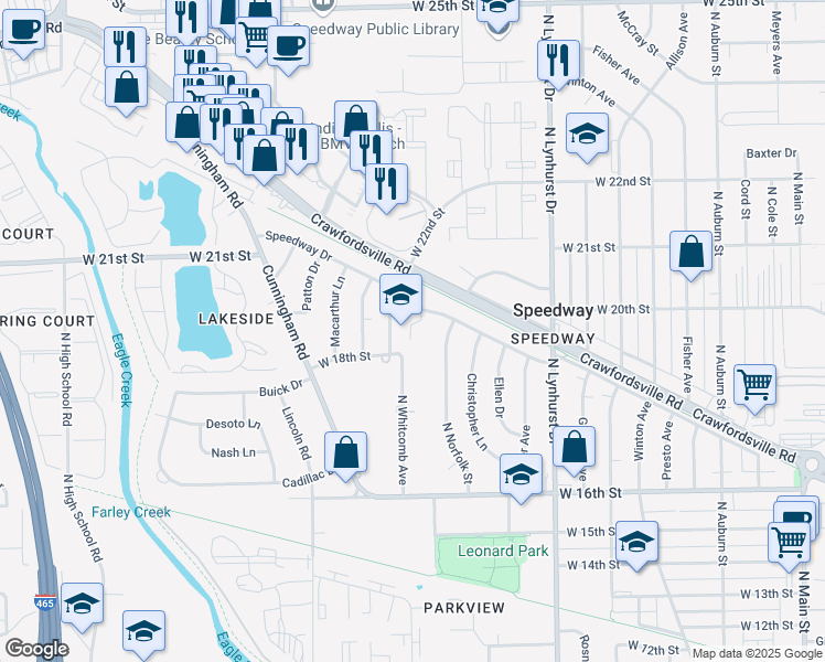 map of restaurants, bars, coffee shops, grocery stores, and more near 1849 North Whitcomb Avenue in Indianapolis