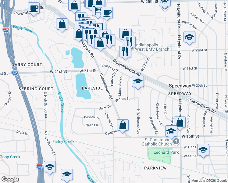 map of restaurants, bars, coffee shops, grocery stores, and more near 1811 Cunningham Road in Speedway