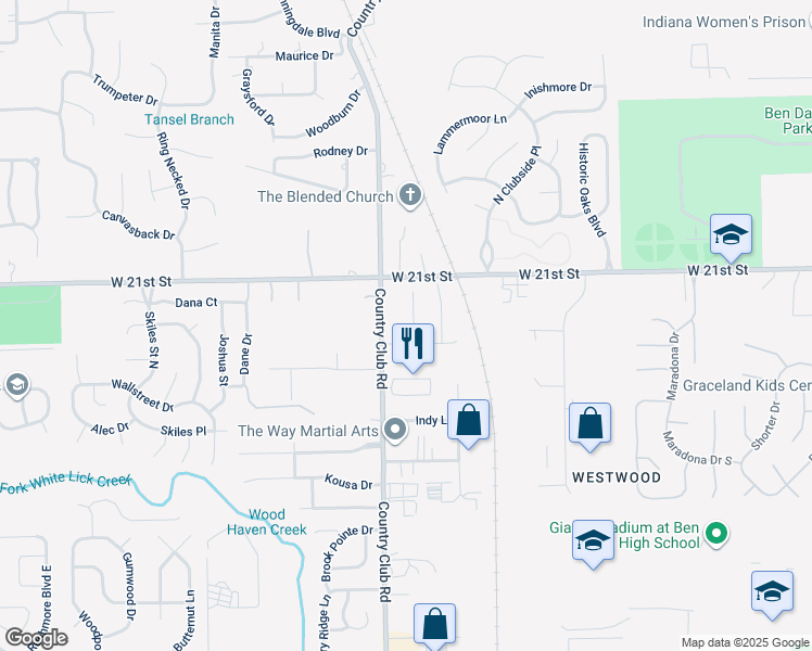 map of restaurants, bars, coffee shops, grocery stores, and more near 2009 Country Club Road in Indianapolis