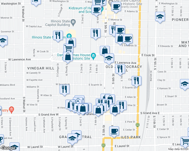 map of restaurants, bars, coffee shops, grocery stores, and more near 908 South 3rd Street in Springfield