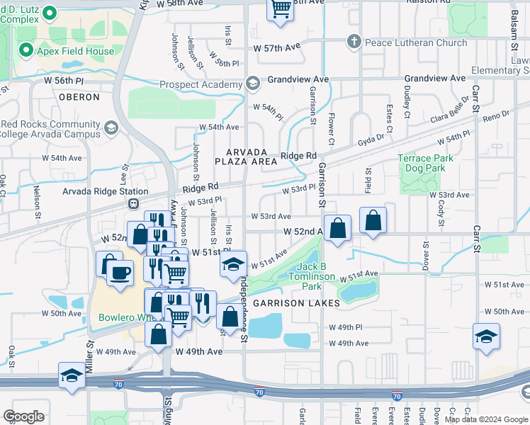 map of restaurants, bars, coffee shops, grocery stores, and more near 9590 West 53rd Avenue in Arvada