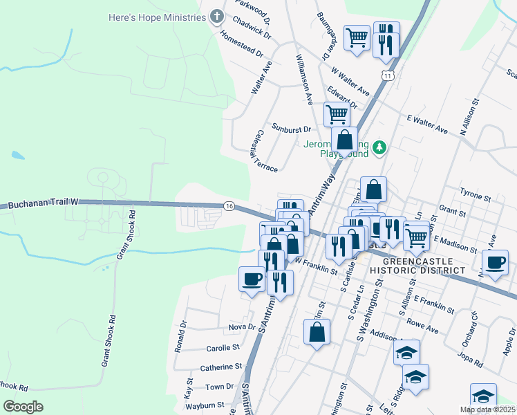 map of restaurants, bars, coffee shops, grocery stores, and more near 431 West Baltimore Street in Greencastle