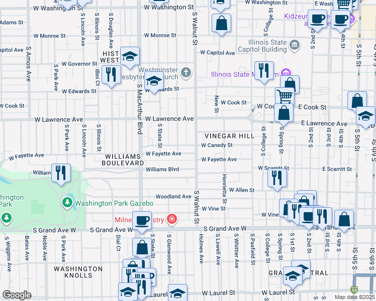 map of restaurants, bars, coffee shops, grocery stores, and more near 613 West Fayette Avenue in Springfield
