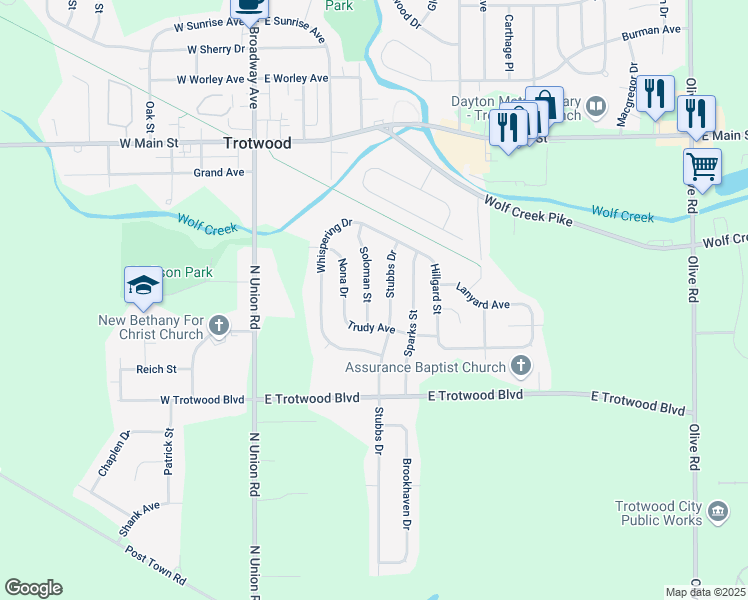 map of restaurants, bars, coffee shops, grocery stores, and more near 43 Stubbs Drive in Dayton