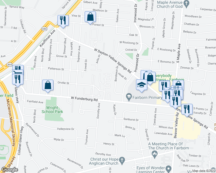 map of restaurants, bars, coffee shops, grocery stores, and more near 1850 Woodvine Street in Fairborn