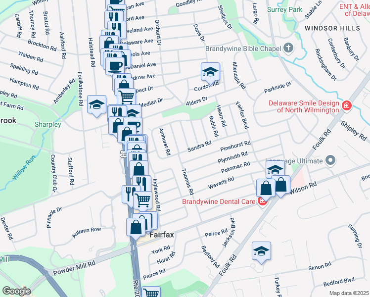 map of restaurants, bars, coffee shops, grocery stores, and more near 2200 Beaumont Road in Wilmington